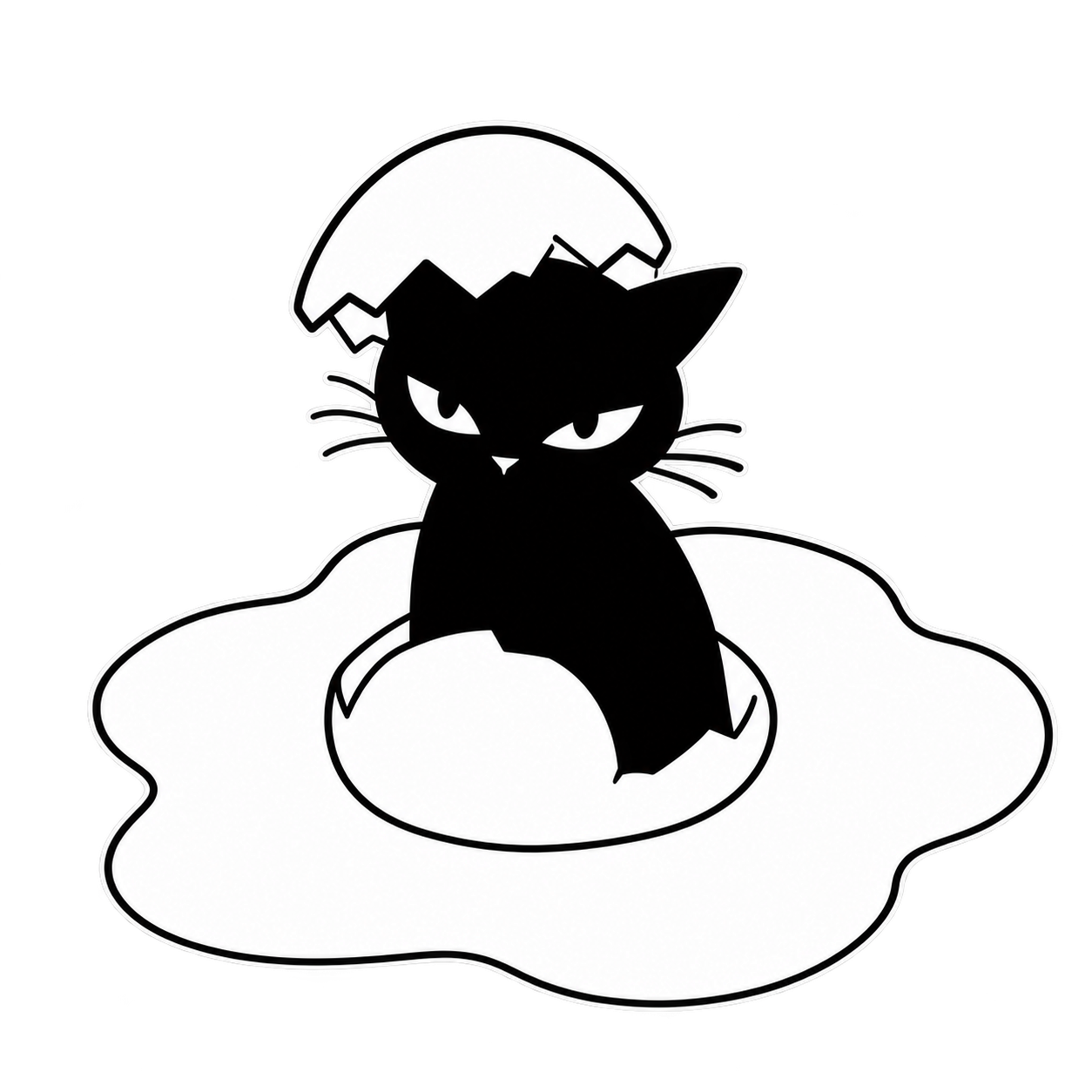 卵の殻から顔を出す、黒猫のおねこ。
