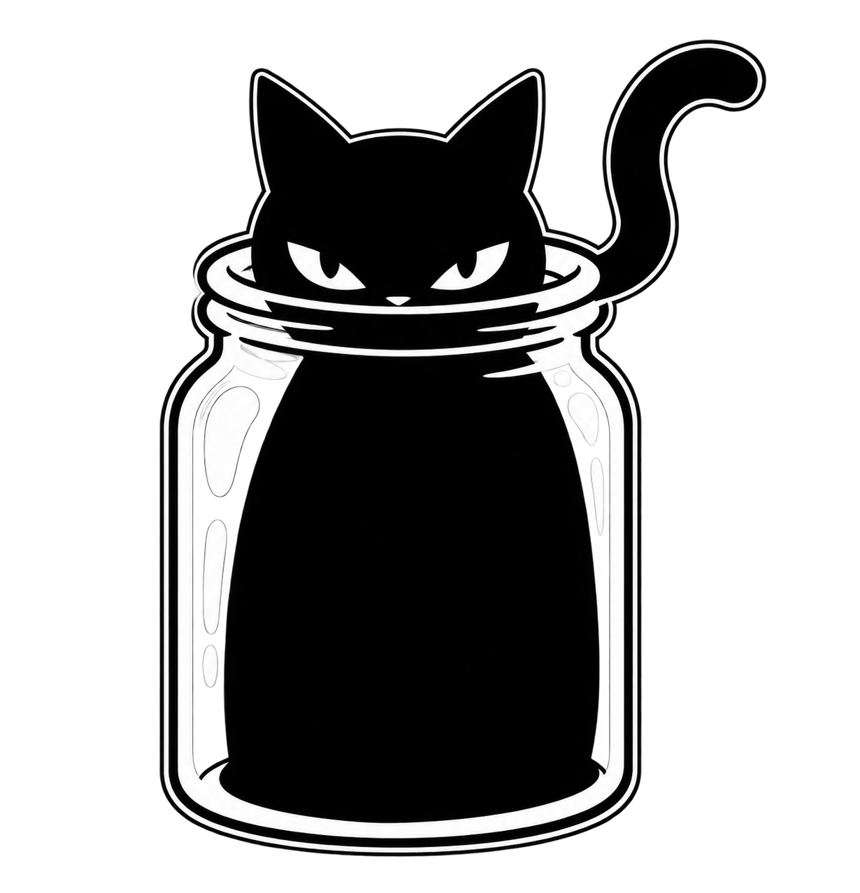 小さなガラス瓶にすっぽり収まった、ツンとした目つきの黒猫のおねこ。