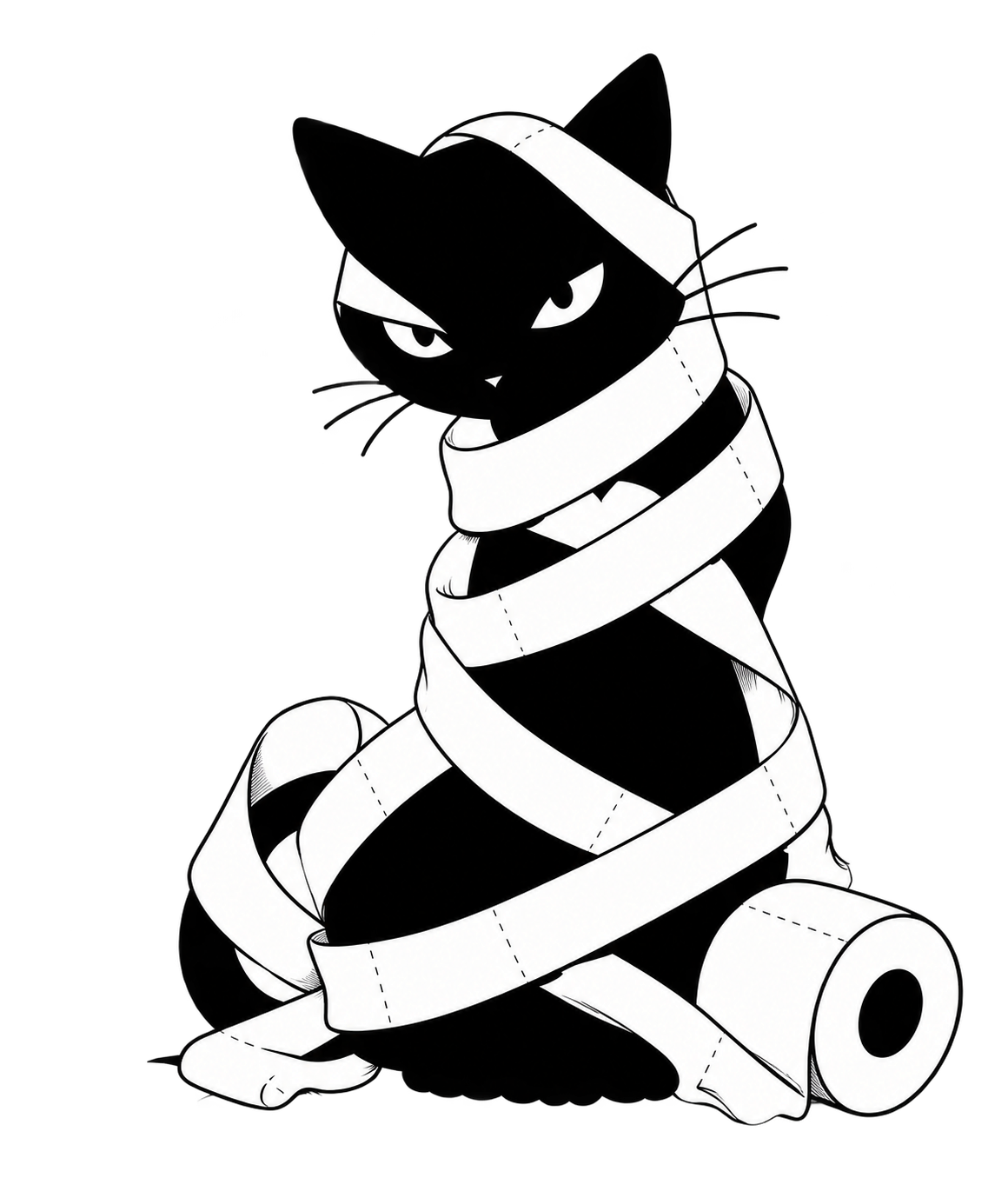 トイレットペーパーにくるまれた黒猫のおねこ。背景を透明にしたイラスト。